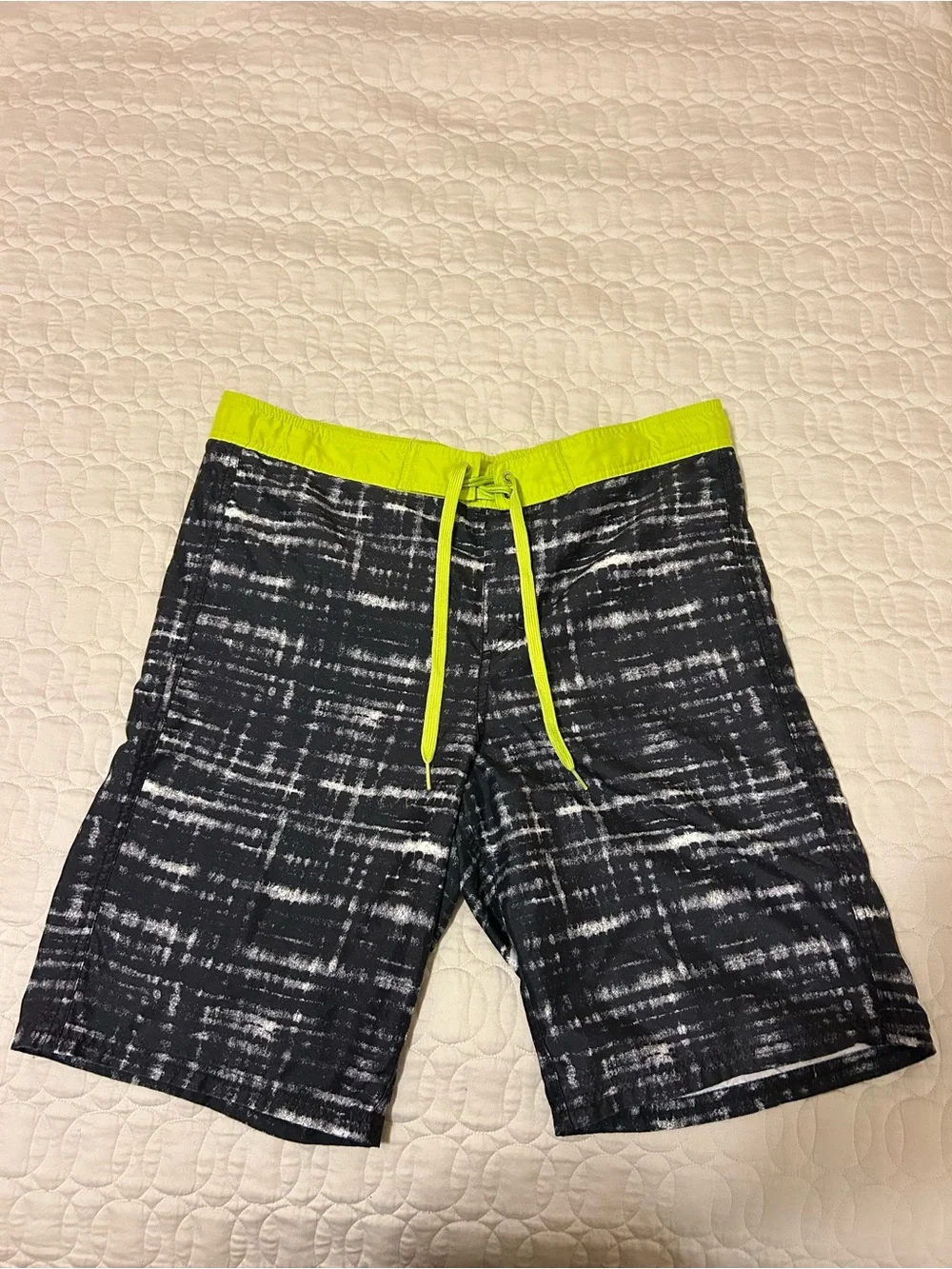 Men's Black Patterned Swim Board Shorts with Neon Yellow Waist